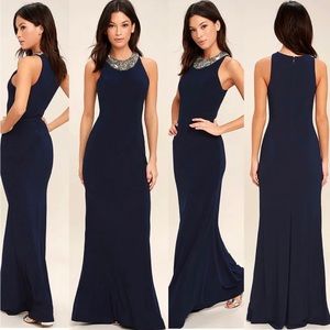 Lulu's Navy Beaded-Neckline Evening Gown